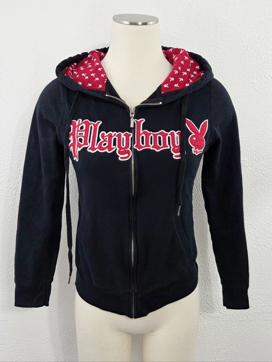 PLAYBOY Tops - Vintage Playboy hoodie 2000s Y2K black red spellout logo zip women's medium M